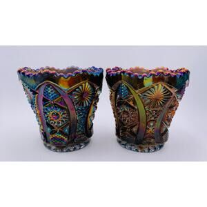 Imperial Carnival Glass Votive Set Amethyst Blaze Pattern 1960-70's